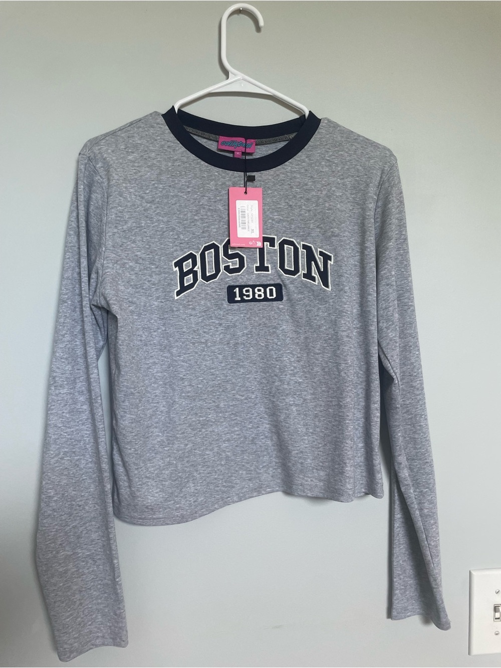 Boston 1980 Long Sleeve Ringer Cropped Tee - Grey